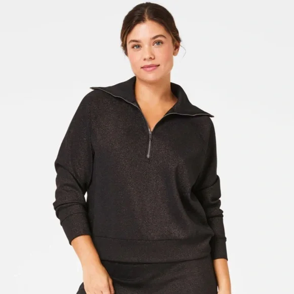 NWOT SPANX AirEssentials Half Zip with Shimmer in very black/Silver shimmer in M - Picture 2 of 10